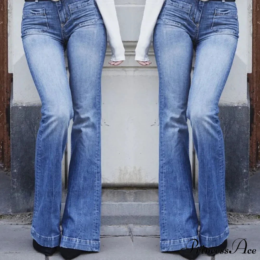 Women's Flared Stretch Fashion High Waist Vintage Casual Full Length Slim Streetwear Wide Leg Flare Jean