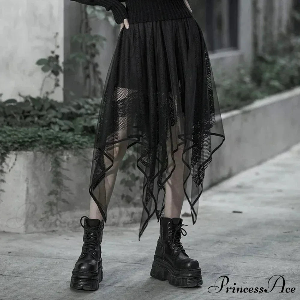 Women's Gothic Mesh Irregular Female Black Lace Hollow Out Summer Fashion Skirt