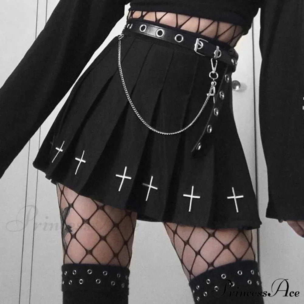 Women's High Waist Gothic Mini Ladies Cross Pattern Mini Pleated Dark Style Skirt