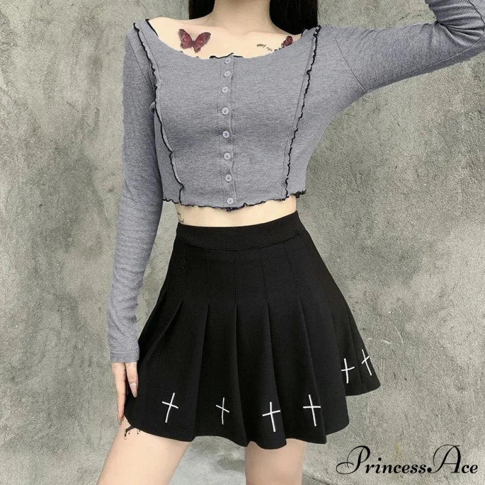 Women's High Waist Gothic Mini Ladies Cross Pattern Mini Pleated Dark Style Skirt