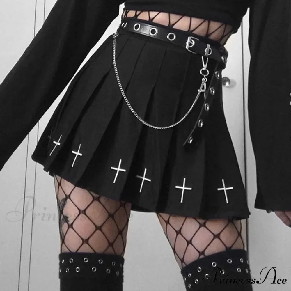 Women's High Waist Gothic Mini Ladies Cross Pattern Mini Pleated Dark Style Skirt