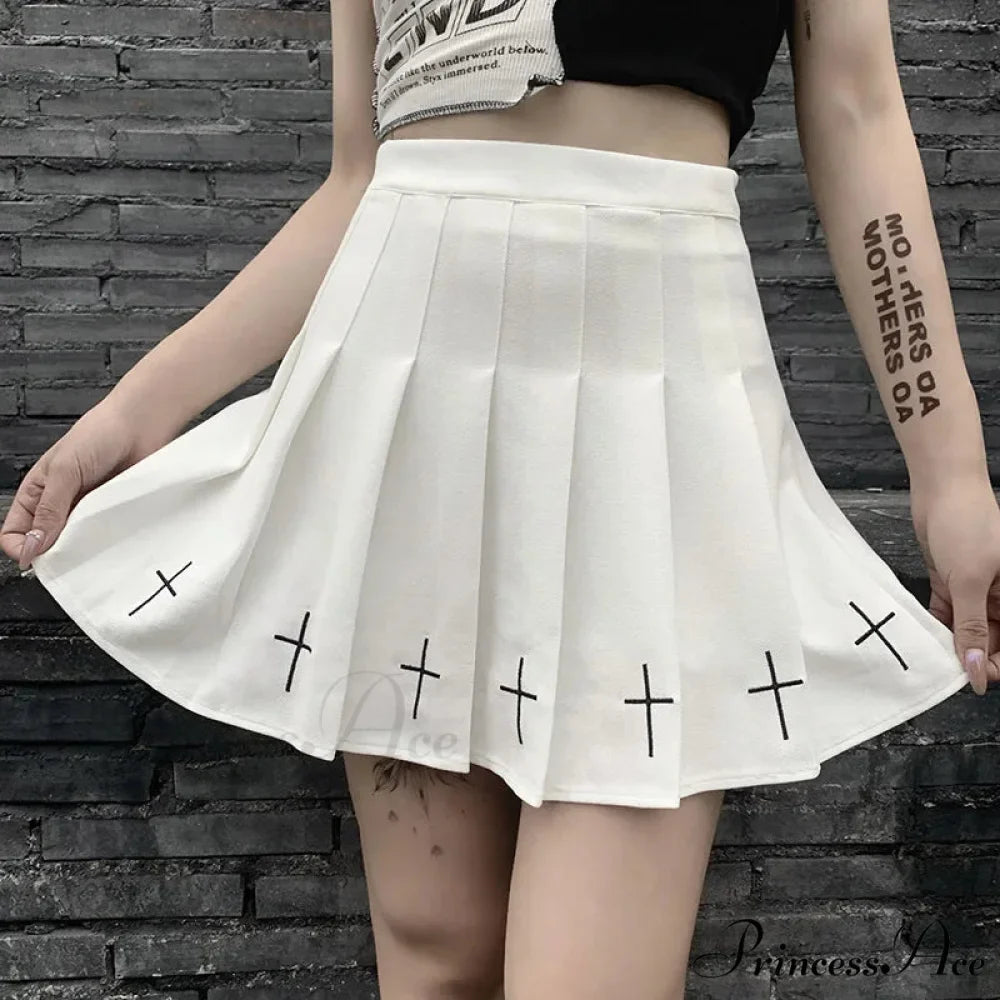 Women's High Waist Gothic Mini Ladies Cross Pattern Mini Pleated Dark Style Skirt