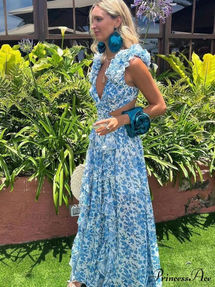 Women's Holiday Party Dresses Sexy V Neck Backless Floral Ruffle Christmas Party Dress