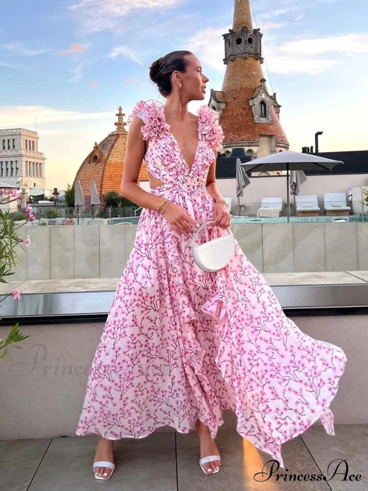 Women's Holiday Party Dresses Sexy V Neck Backless Floral Ruffle Christmas Party Dress