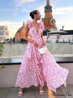 Women's Holiday Party Dresses Sexy V Neck Backless Floral Ruffle Christmas Party Dress