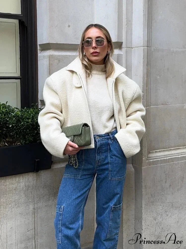 Women's Ivory Lamb Wool Zipper Jacket