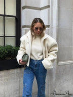 Women's Ivory Lamb Wool Zipper Jacket