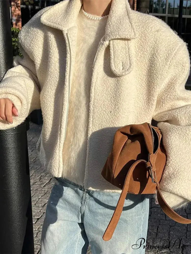 Women's Ivory Lamb Wool Zipper Jacket