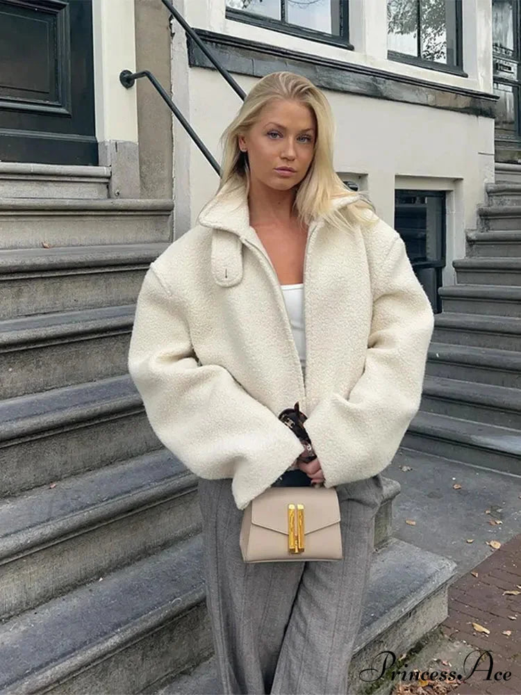 Women's Ivory Lamb Wool Zipper Jacket