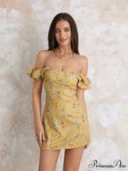 Women's Off Shoulder Mini Sleeveless Ruffle Trim SlimFit Clubwear Floral Dress