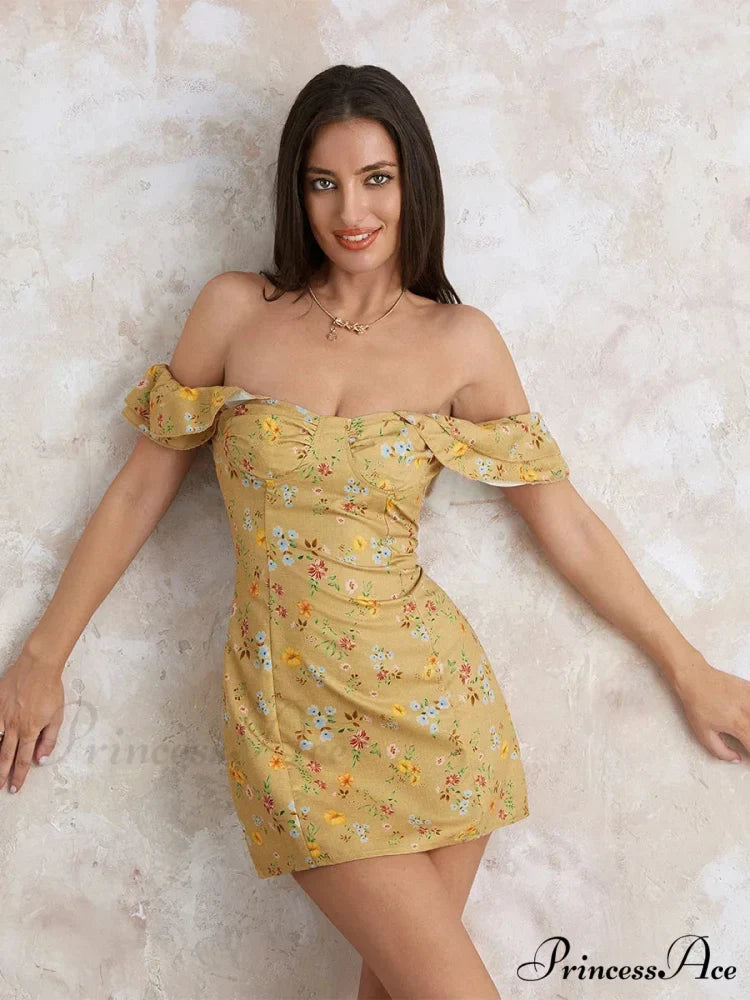 Women's Off Shoulder Mini Sleeveless Ruffle Trim SlimFit Clubwear Floral Dress