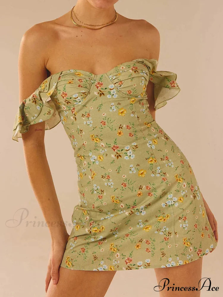 Women's Off Shoulder Mini Sleeveless Ruffle Trim SlimFit Clubwear Floral Dress