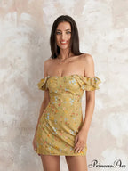 Women's Off Shoulder Mini Sleeveless Ruffle Trim SlimFit Clubwear Floral Dress