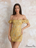 Women's Off Shoulder Mini Sleeveless Ruffle Trim SlimFit Clubwear Floral Dress