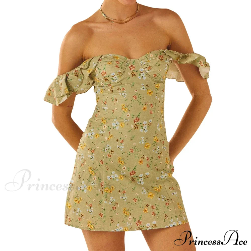 Women's Off Shoulder Mini Sleeveless Ruffle Trim SlimFit Clubwear Floral Dress