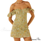 Women's Off Shoulder Mini Sleeveless Ruffle Trim SlimFit Clubwear Floral Dress