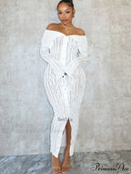 Women's Pleated Off Shoulder See-Through Fitted Ruched Party Night Sexy Midi Dress