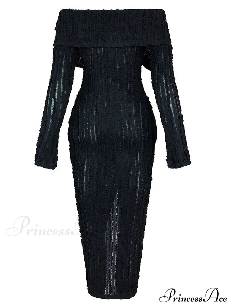 Women's Pleated Off Shoulder See-Through Fitted Ruched Party Night Sexy Midi Dress