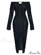 Women's Pleated Off Shoulder See-Through Fitted Ruched Party Night Sexy Midi Dress