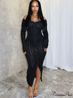 Women's Pleated Off Shoulder See-Through Fitted Ruched Party Night Sexy Midi Dress