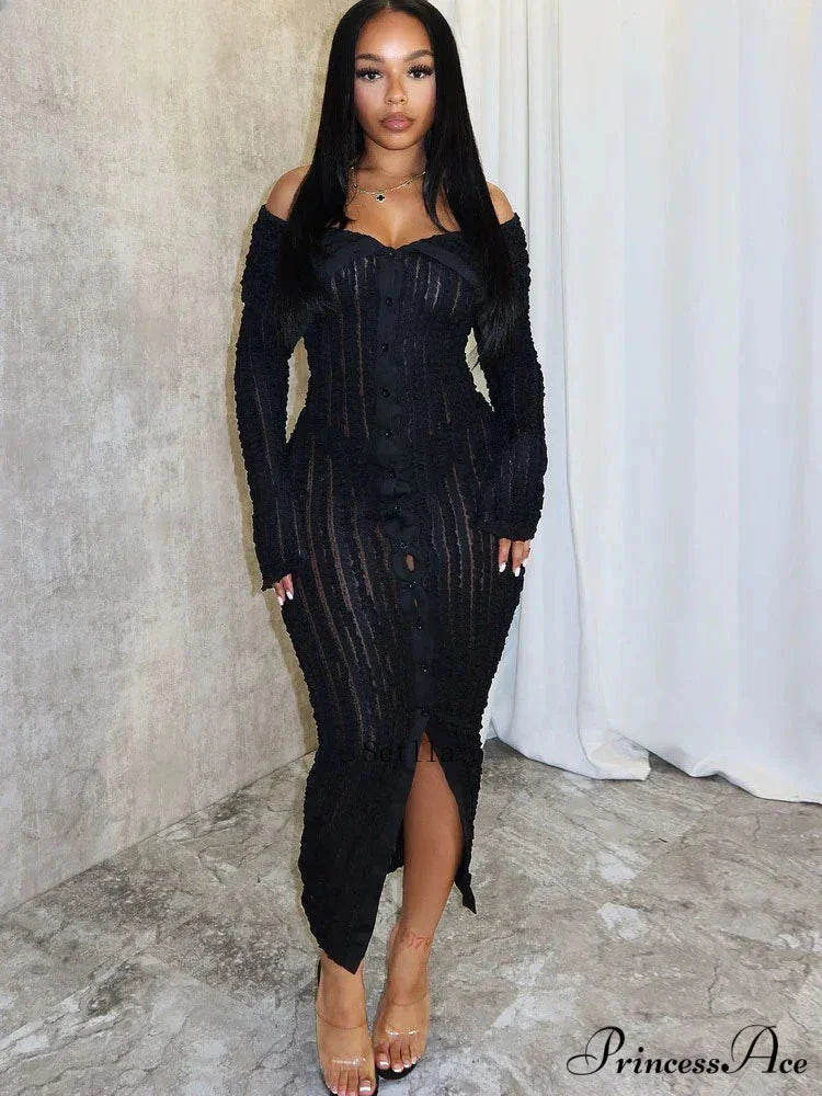 Women's Pleated Off Shoulder See-Through Fitted Ruched Party Night Sexy Midi Dress