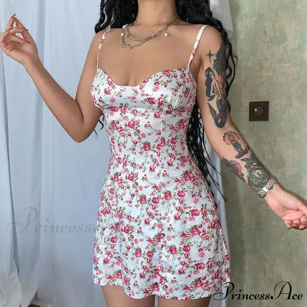 Women's Short Breasted SlimLarge Backless Sleeveless Sun Vacation Floral Dress