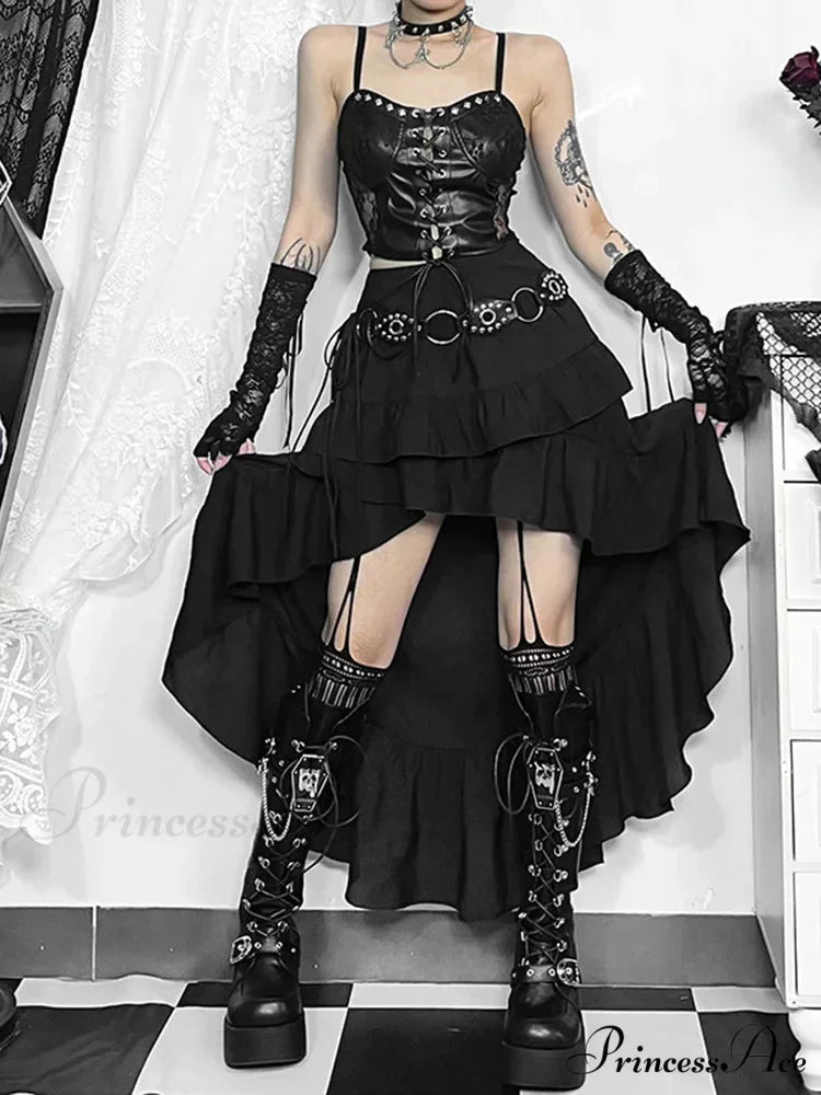 Women's SteamRetro Gothic Pleated Asymmetric Hi-Low Lace Party Irregular Victorian High-Low Bustle Skirt