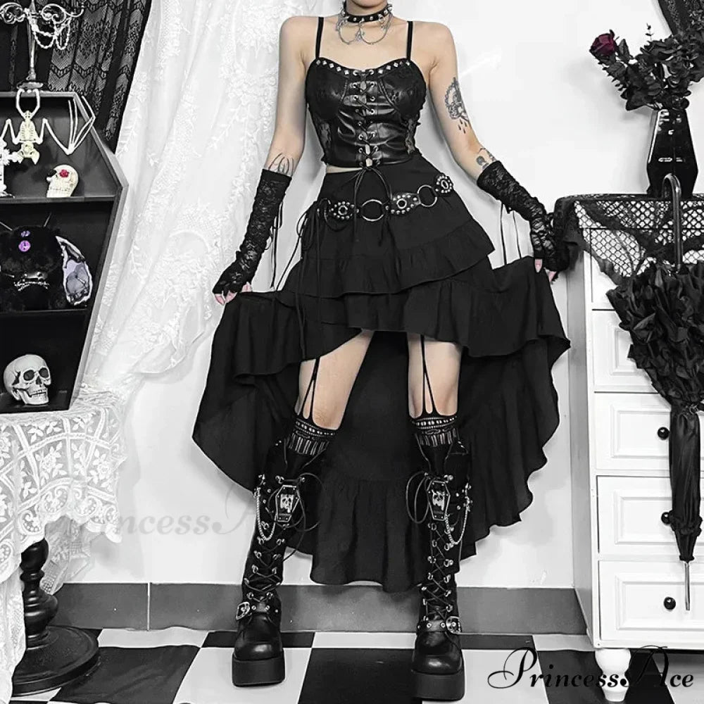 Women's SteamRetro Gothic Pleated Asymmetric Hi-Low Lace Party Irregular Victorian High-Low Skirt