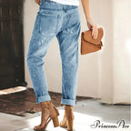 Women's Streetwear Ripped Vintage Casual Fashion Drawstring Elastic Waist High Elastic Baggy Jean