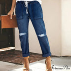 Women's Streetwear Ripped Vintage Casual Fashion Drawstring Elastic Waist High Elastic Baggy Jean