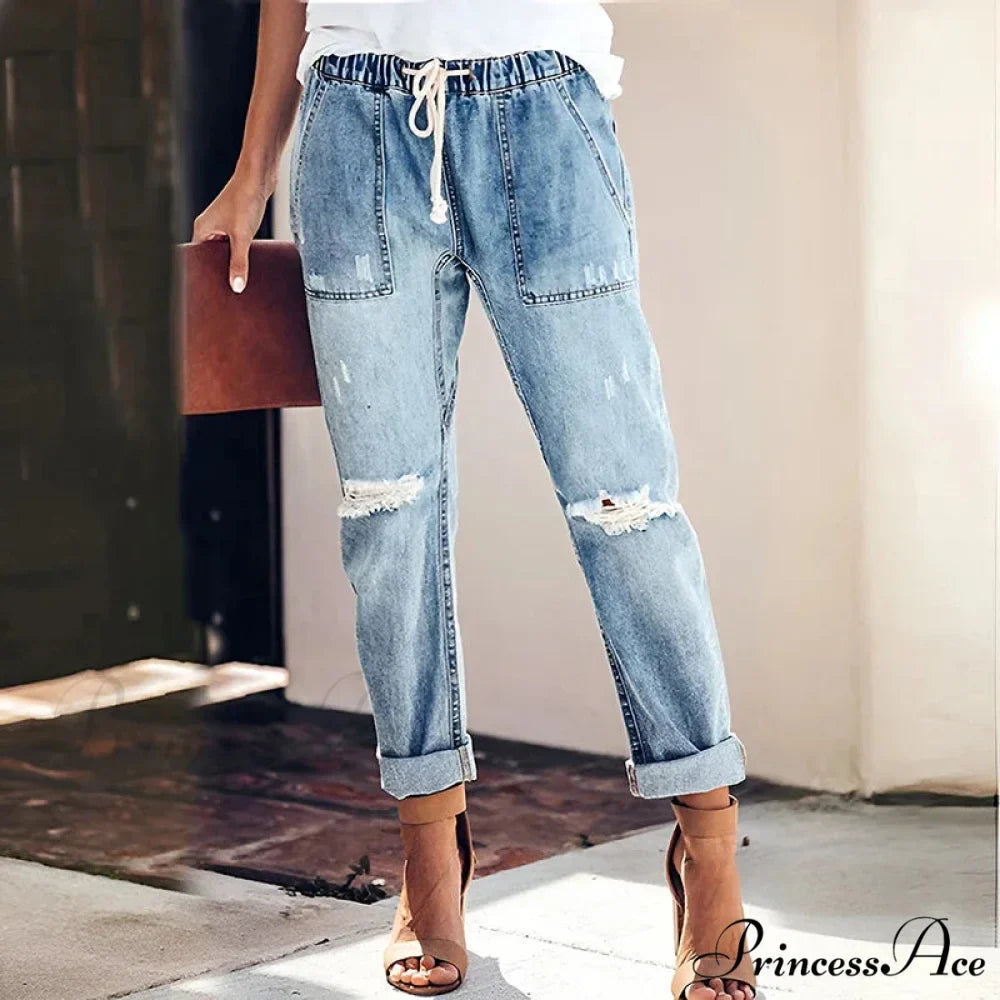 Women's Streetwear Ripped Vintage Casual Fashion Drawstring Elastic Waist High Elastic Baggy Jean
