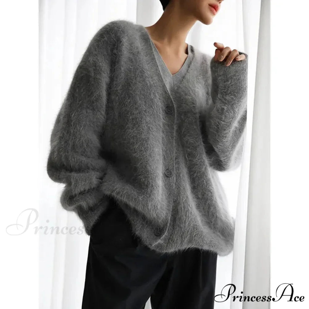 Wool Baggy V-neck Extended Sleeve Cardigan