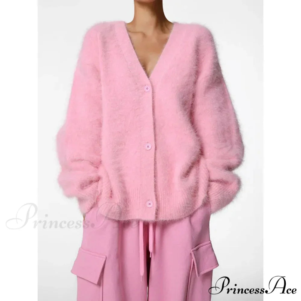 Wool Baggy V-neck Extended Sleeve Cardigan