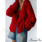 Wool Baggy V-neck Extended Sleeve Cardigan