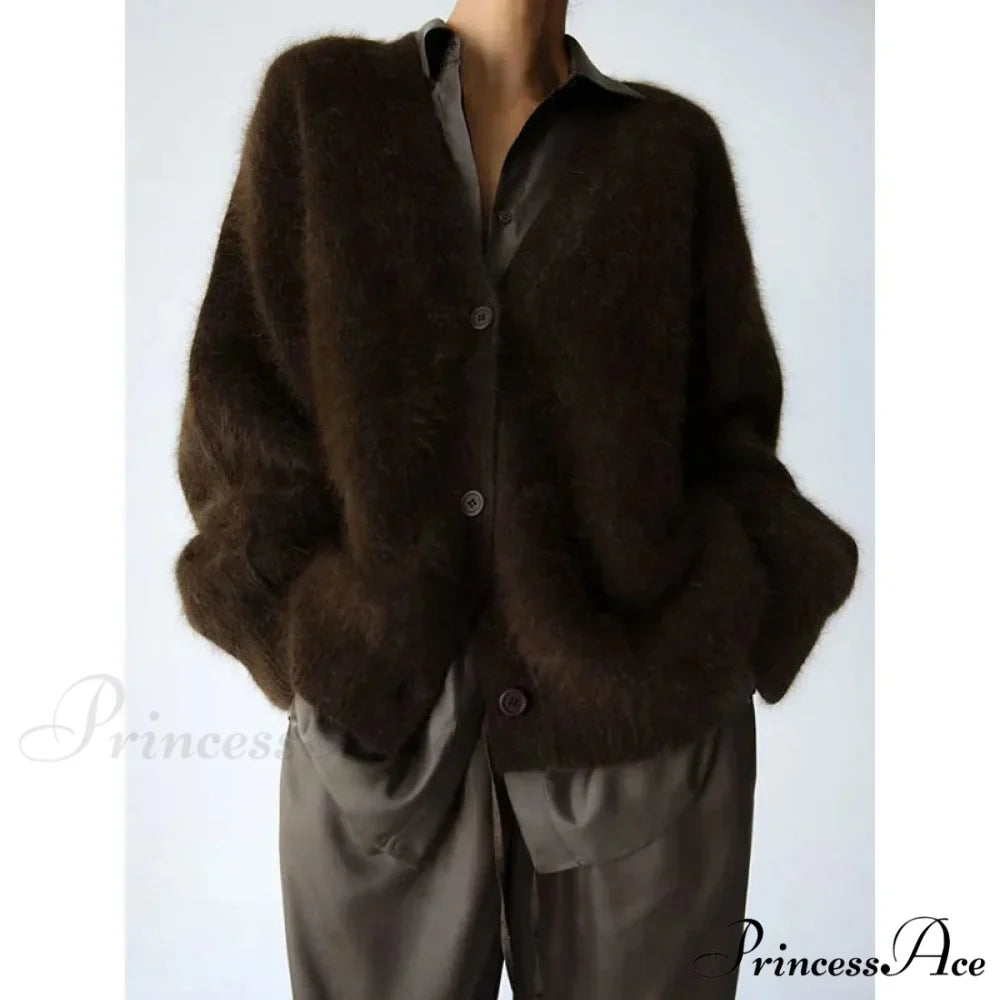 Wool Baggy V-neck Extended Sleeve Cardigan