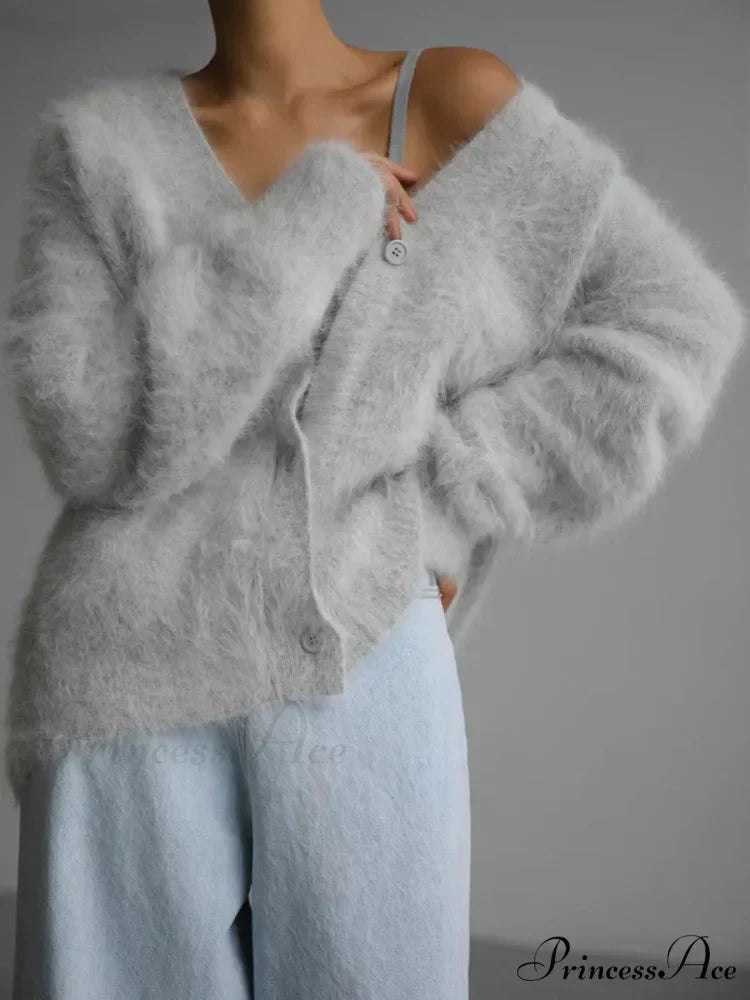 Wool Baggy V-neck Extended Sleeve Cardigan