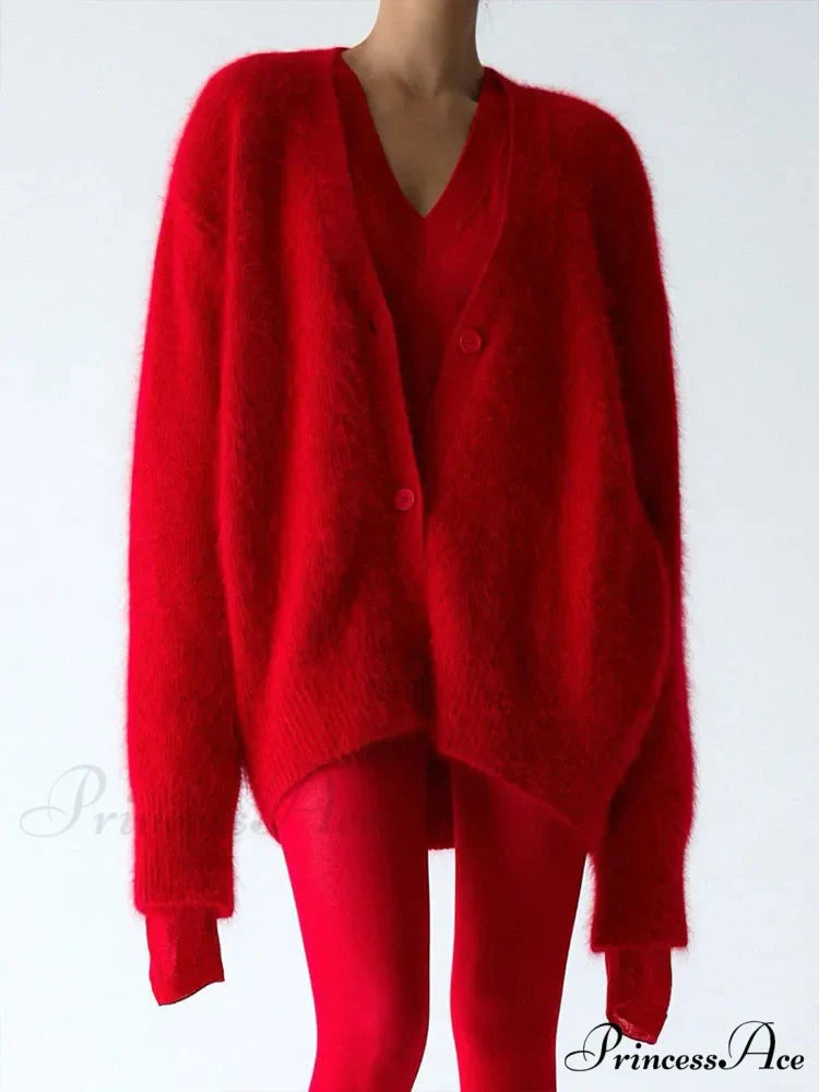 Wool Baggy V-neck Extended Sleeve Cardigan