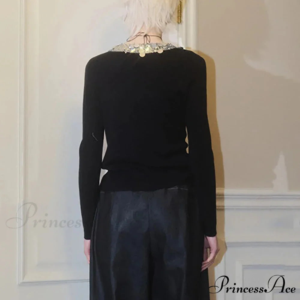 Wool Blend Colorful Sequin V-neck Cardigan