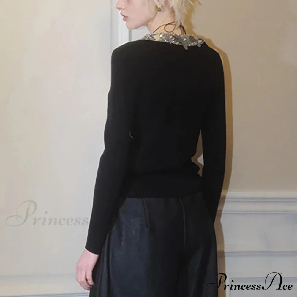 Wool Blend Colorful Sequin V-neck Cardigan