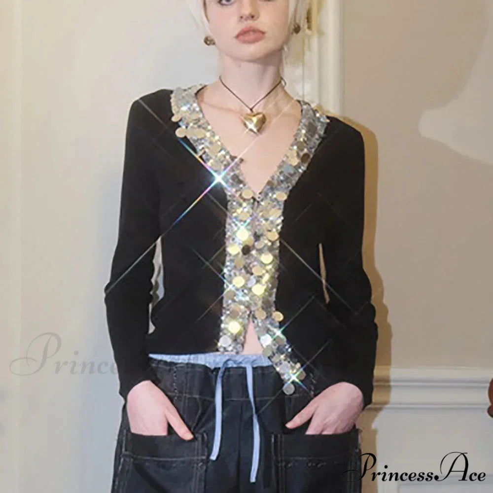 Wool Blend Colorful Sequin V-neck Cardigan