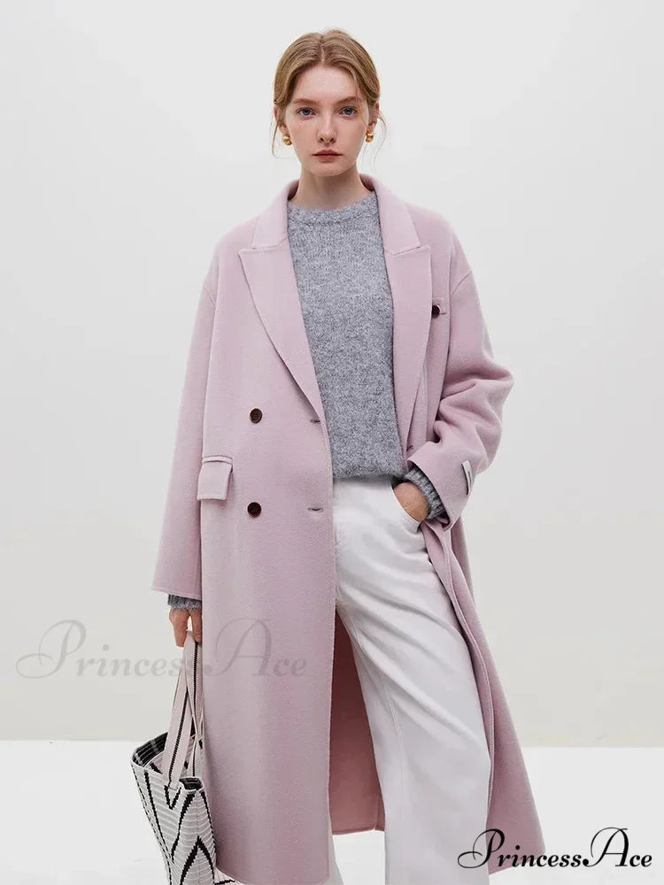 Wool Camel Hair Temperament Oatmeal Long Notched Collar Double Breasted Classic Chic Coat