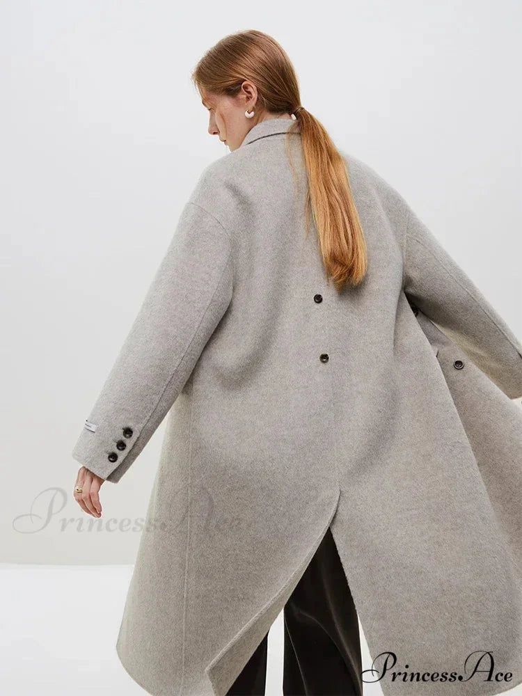 Wool Camel Hair Temperament Oatmeal Long Notched Collar Double Breasted Classic Chic Coat