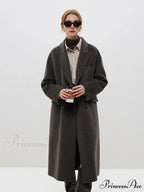 Wool Camel Hair Temperament Oatmeal Long Notched Collar Double Breasted Classic Chic Coat