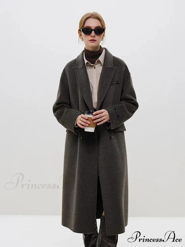 Wool Camel Hair Temperament Oatmeal Long Notched Collar Double Breasted Classic Chic Coat