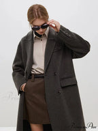 Wool Camel Hair Temperament Oatmeal Long Notched Collar Double Breasted Classic Chic Coat