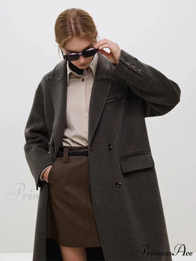 Wool Camel Hair Temperament Oatmeal Long Notched Collar Double Breasted Classic Chic Coat
