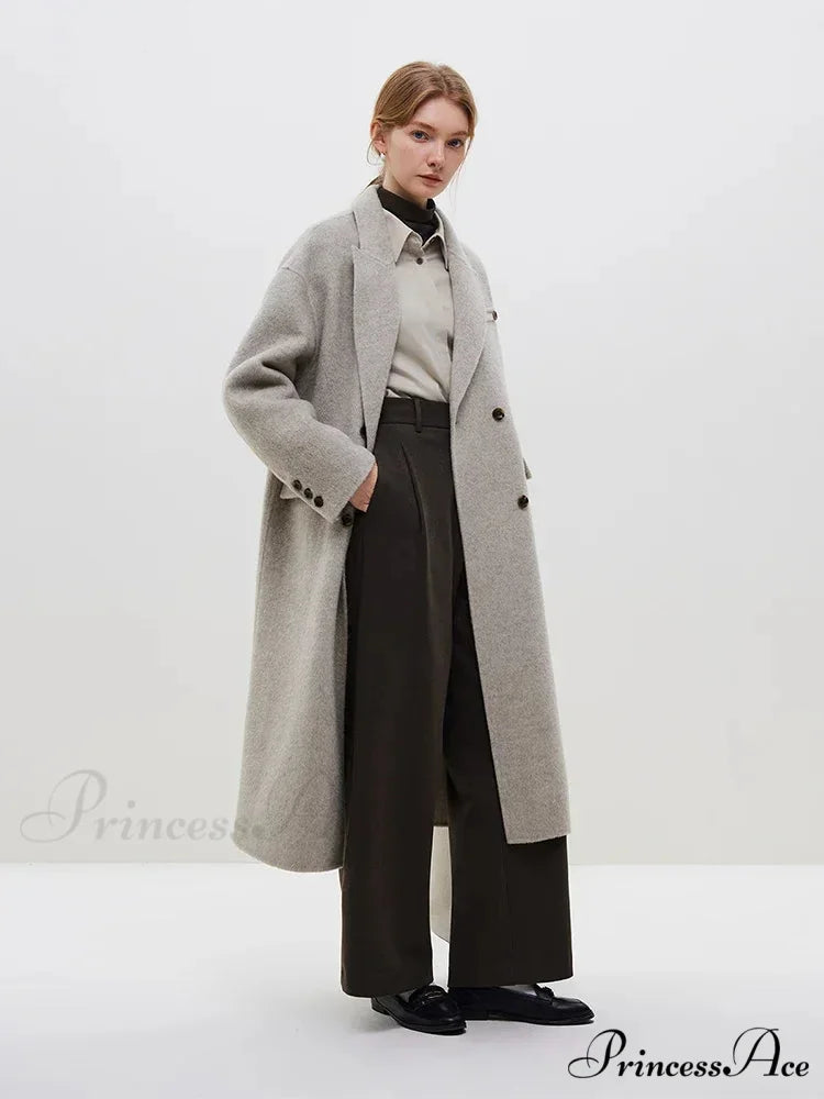 Wool Camel Hair Temperament Oatmeal Long Notched Collar Double Breasted Classic Chic Coat