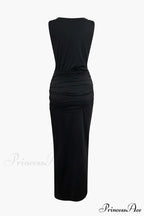 Wrap Ruched Slit Deep Graceful V-neck Sleeveless Maxi Dress