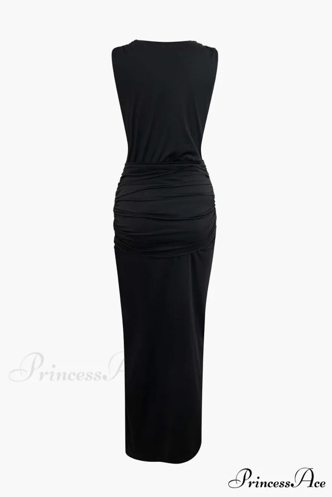 Wrap Ruched Slit Deep Graceful V-neck Sleeveless Maxi Dress