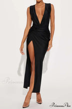 Wrap Ruched Slit Deep Graceful V-neck Sleeveless Maxi Dress